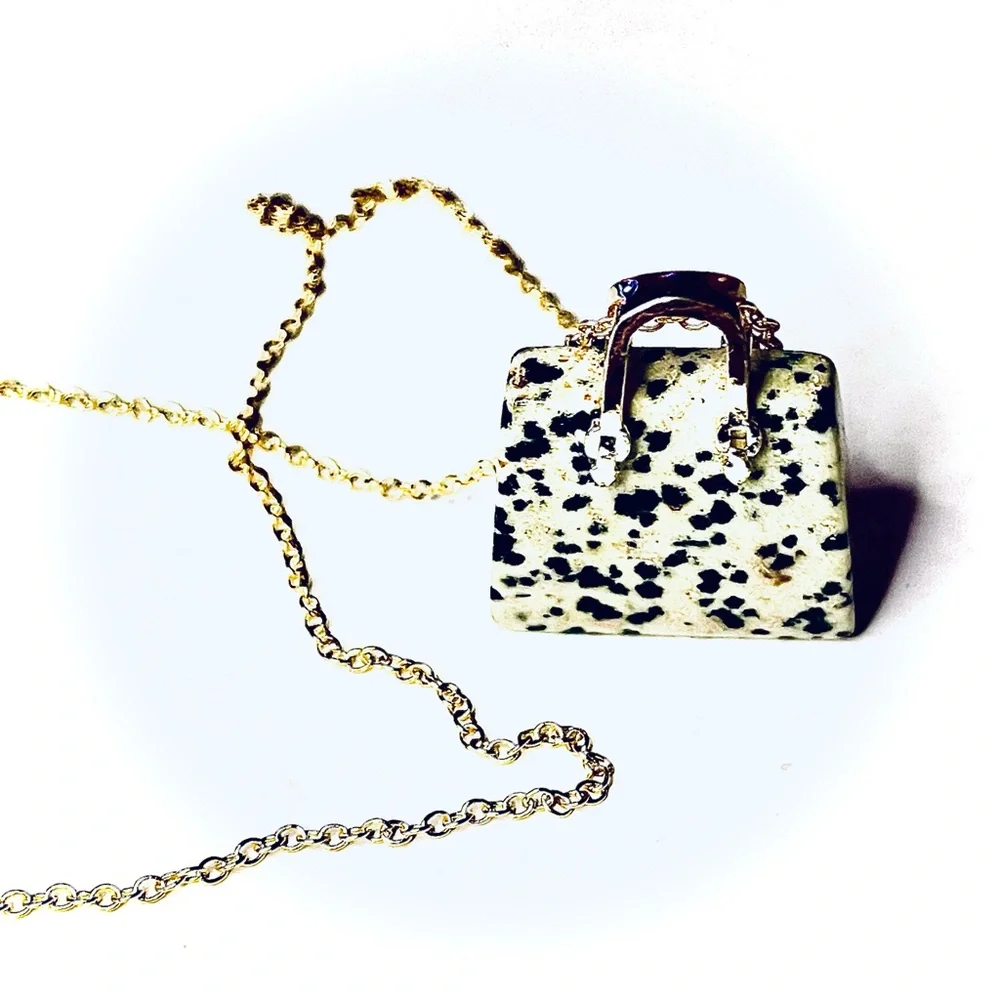 New Artisan 14k Gold Lady Christian Dior Dalmatian Jasper Handbag Necklace - Picture 6 of 17
